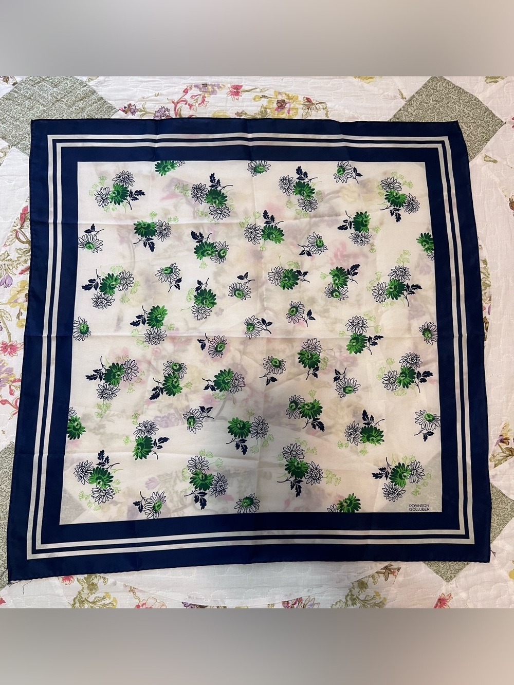 Vintage Robinson Golluber Green Floral Scarf Navy Blue Border Retro Square